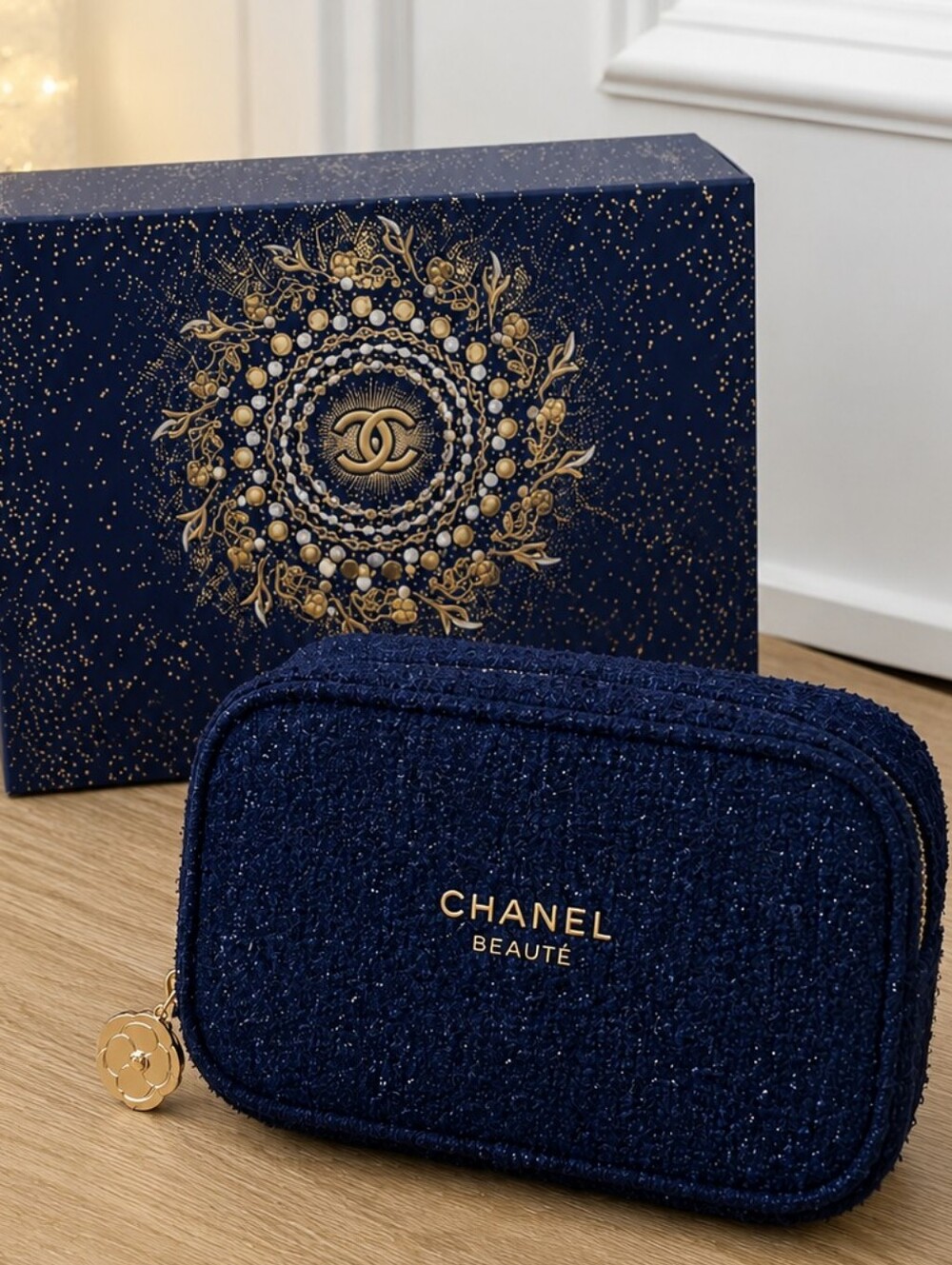 NIB Navy Textured Zip Pouch with Gold Charm | Chanel Beauté Holiday Collection